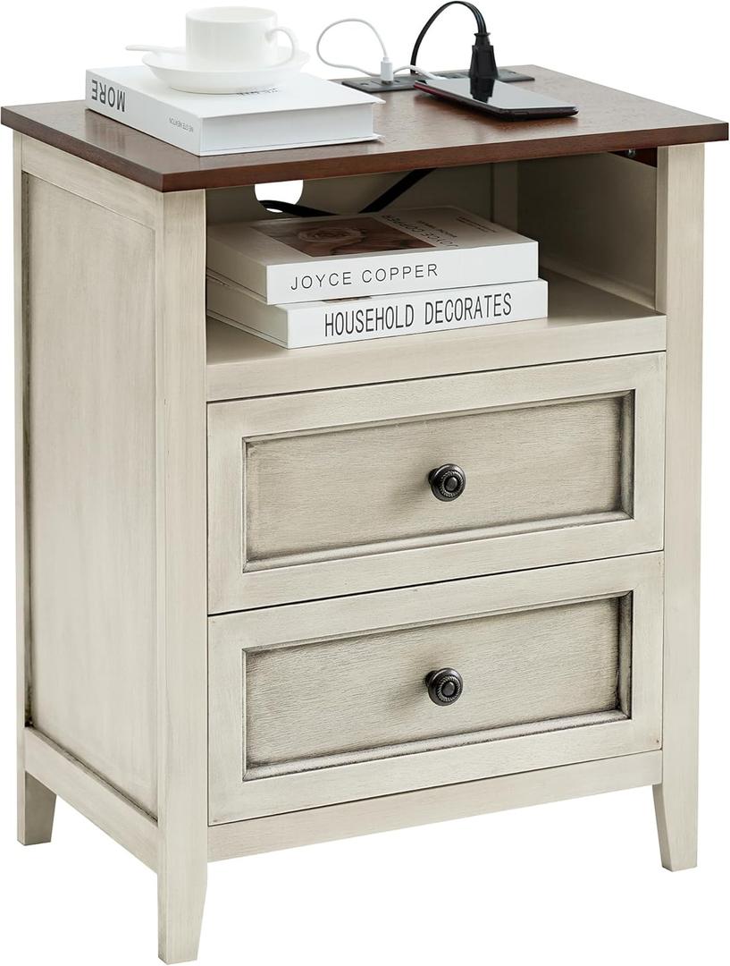 Nightstand with Charging Station, 20 Inch Wide Farmhouse End Table with 2 Drawers Storage, Mid Century Modern Night Stand for Bedroom, Antique White