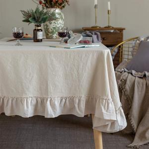 Retro Farmhouse Ruffle Tablecloth Cotton Flounces Trim Washable Table Cover Tablecloths for Rectangle Table Baby Shower Kitchen Party Wedding Decor,White 60''x84''