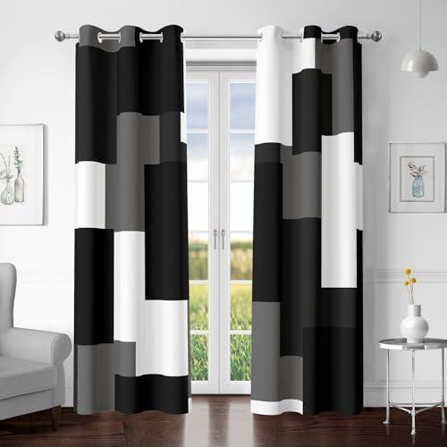 Tyrot Black Grey 100% Blackout Curtains for Bedroom 72 inch Length 2 Panels Set White Grey Modern Abstract Geometric Black Out Curtains Insulated Room Darkening Window Drapes for Living Room, 42Wx72L