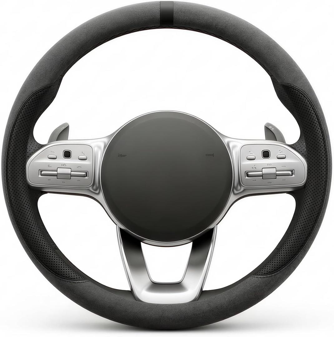 Suede & Napa Leather Steering Wheel Cover for Men Women, Universal Fit 14.5" to 15", Sweat-Absorbent Breathable Auto Protector for Summer & Winter Driving, Odorless Car Accessories(Black)