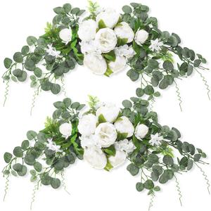 2 Pcs Floral Wedding Arch 30 Inch Rustic Artificial Flowers Swag Garland with Peonies Eucalyptus Leaves for Wedding Arrangement Table Centerpiece Ceremony Backdrop Party Decor(White)