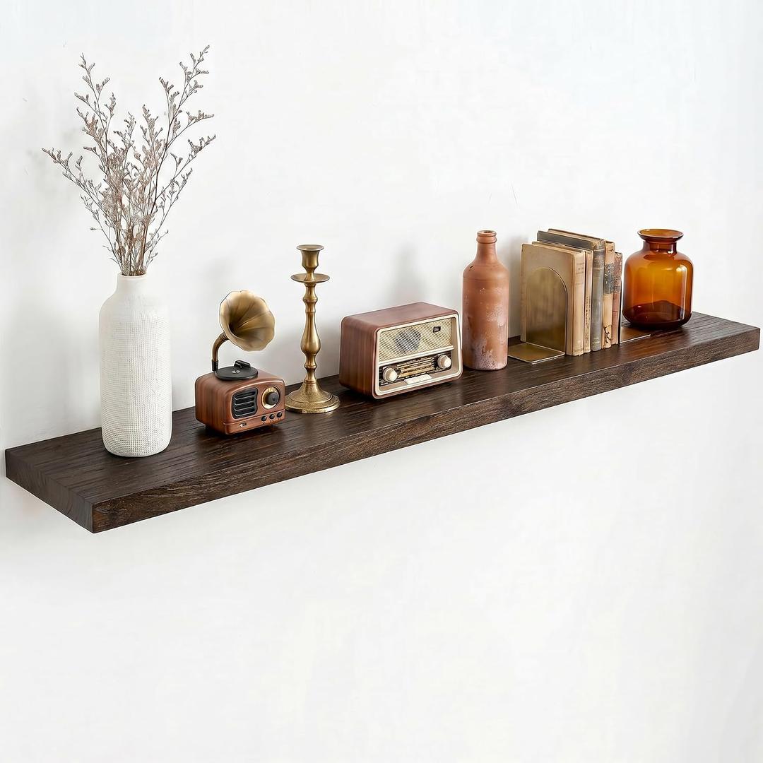 Dreamland Rustic Elm Wood Floating Shelves for Wall Decor, 48 Inch Long Wooden Floating Shelves Wall Mounted, 8 Inch Deep Wall Shelf for Bathroom, Living Room, Kitchen, Bathroom, Walnut