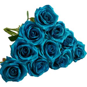 Teal Artificial Rose 10pcs Open Flower Bouquet Faux Rose Stems Turquoise Blue Roses for Wedding Arrangement, Bridal Bouquet, Centerpiece, Fake Faux Silk Flowers