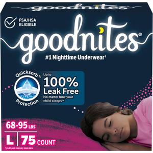 Goodnites Girls' Nighttime Bedwetting Underwear, Size Large (68-95 lbs), 75 Ct (3 Packs of 25), Packaging May Vary