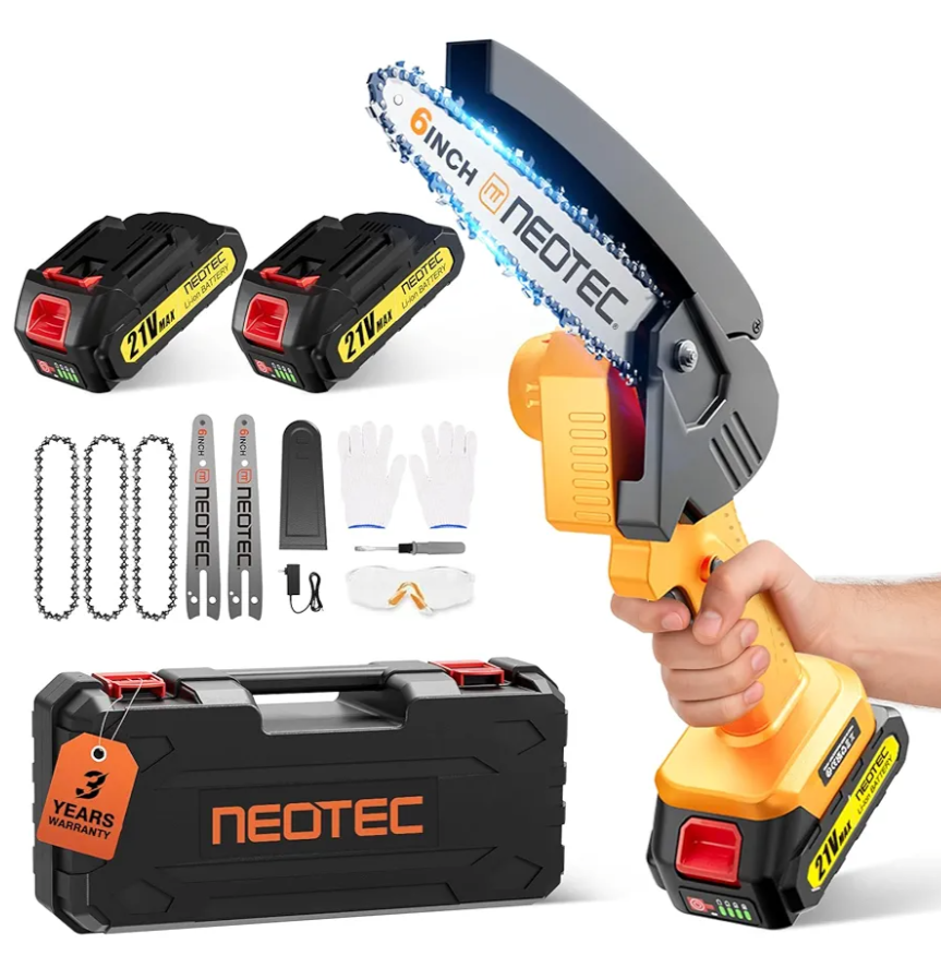 Mini Chainsaw Cordless 6-inch, NEOTEC Handheld Electric Chainsaw Battery Powered Chain Saw for Tree Trimming Wood Cutting, Mini Chain saw Gifts for Men Dad Him (2 Batteries+ 3 Chains+ 2 Bars)