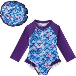Goodplayer Baby Girl Swimsuit One-Piece Long Sleeve Rash Guard with Hat Set Zipper Bathing Suit (3-6 Months, Scale)