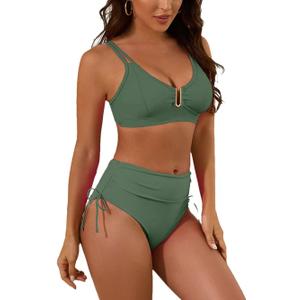 2 Piece Bikini Set U-Wire Curvy Modest Swimsuit for Women High Waisted Tummy Control 2026 Beach Swim Bathing Suits (Army Green)