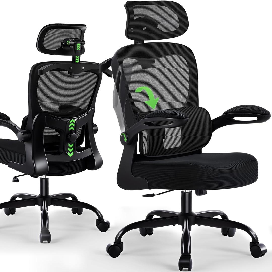 Office Chair Ergonomic Desk Chairs with Adjustable Lumbar Support& Headrest Hanger, High Back Breathable Mesh Chair with Wheels, Rolling Swivel Comfy Task Computer Chair for Home Work Gaming (Black)