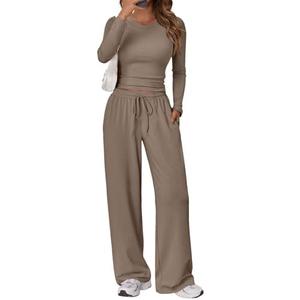 Trendy Queen Women's 2 Piece Matching Lounge Set Long Sleeve Side Ruching Top Wide Leg Drawstring Pants Set with Pockets, S