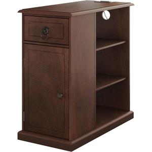 ChooChoo Farmhouse XXL End Table with Charging StationNarrow Sofa Side Table with Adjustale Shelf, 3 Tier Rustic Night Stand for Small Place Living Room, Cherry Brown