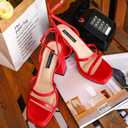 MIRAAZZURRA Platform Strappy Heel Sandals Square Open Toe Two Strap Chunky High Heeled Sandals with Buckle Ankle Strap for Women Party Wedding Dress (Red)