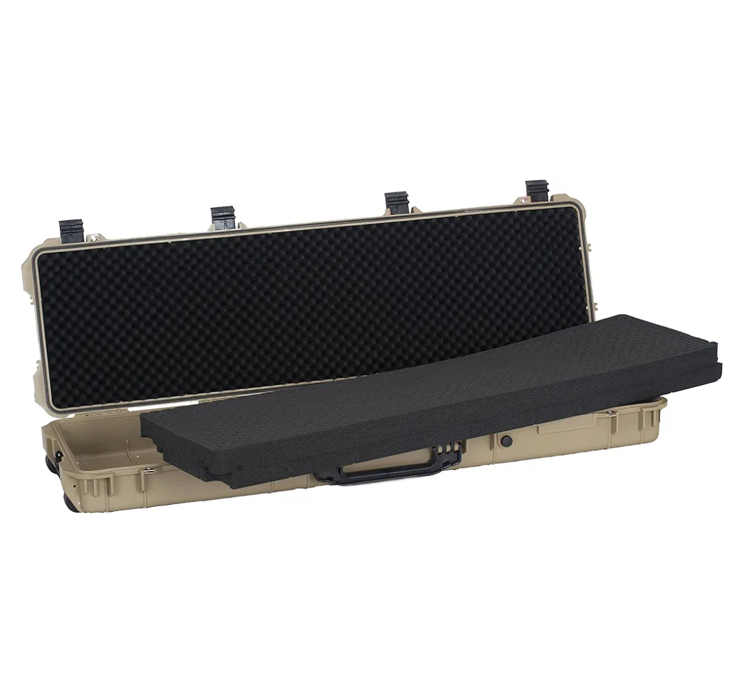 MEIJIA Portable Rolling Waterproof All Weather Hard Rifle Case,Gun case with Wheels,Customizable Fit Foam Included,Fit for Rifle,Guns,Shotguns, Airsoft Gun. Size: 53"x16.14"x6.12", Desert Tan