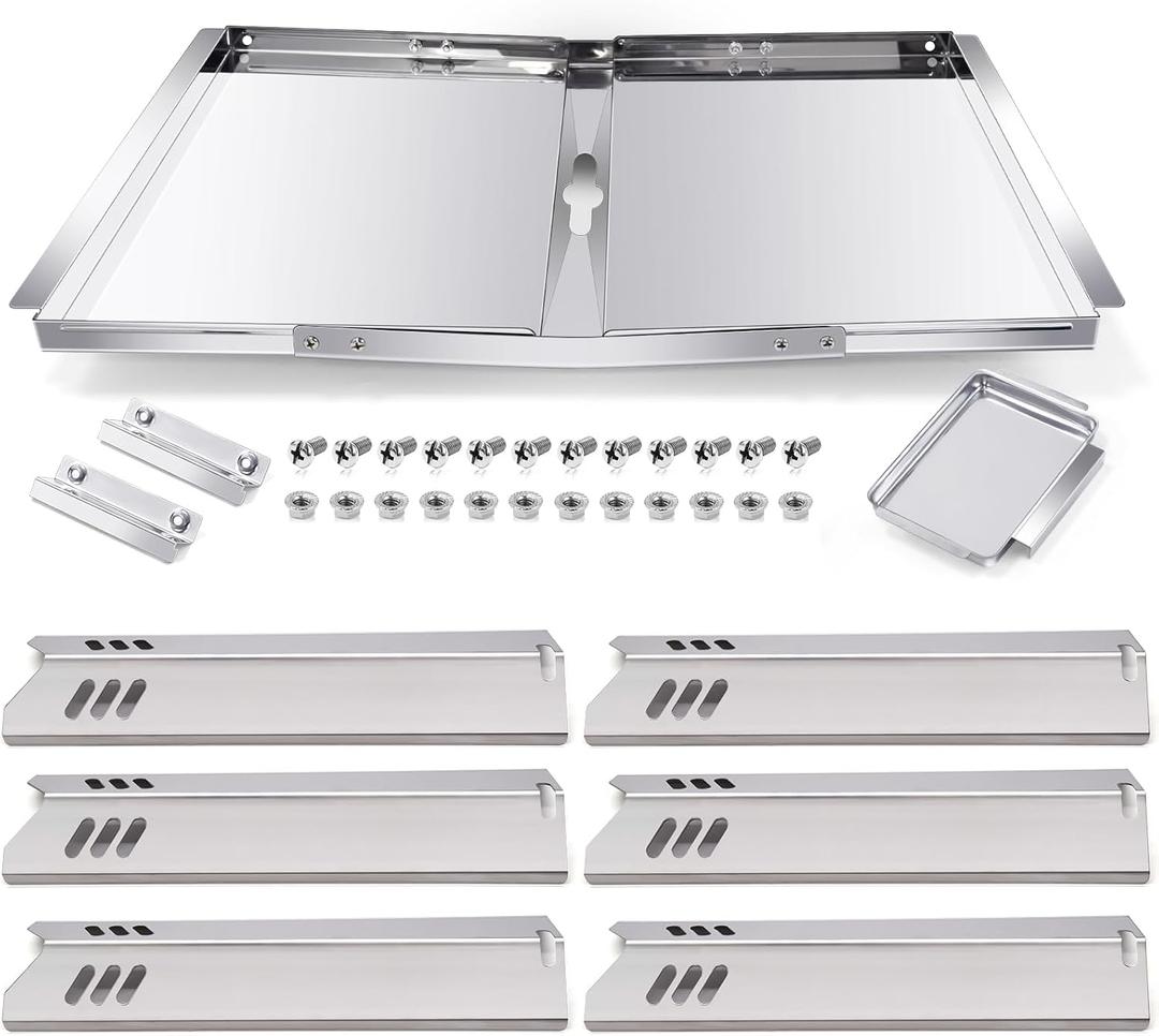 Hiorucet Grill Drip Pan Kits for Dyna Glo Grill Replacement Parts DGB610SSP, Adjustable 30''-36'' Grease Tray with Catch Pan, Heat Plate Tent Shields for Dynaglo Grill Replacement Parts 6 Burner.
