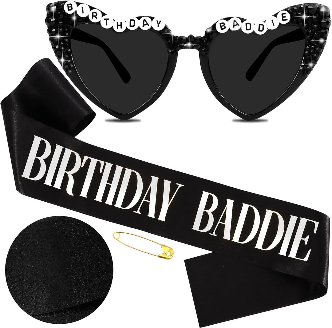 Birthday Baddie Sash and Sunglasses for Women, Black BIRTHDAY BADDIE Sash with Silver Foil for Girl, Happy Funny Birthday Decorations Baddie Accessories for Women Men Party Favors Supplies