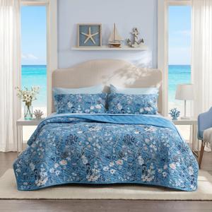 Bedsure Summer Quilt Queen Size - Lightweight Floral Comforter Queen Size, Blue and White Bedspread Quilted Bedding, Reversible Soft Microfiber Coverlet for All Seasons (90"x96") | Lightweight, Summer, Reversible, Ultra Soft, Floral