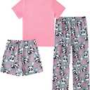Funnycokid Girls Pajamas 3 Piece Short Sleeve Shirt Top Pants Shorts with Pockets (7-8 Years)