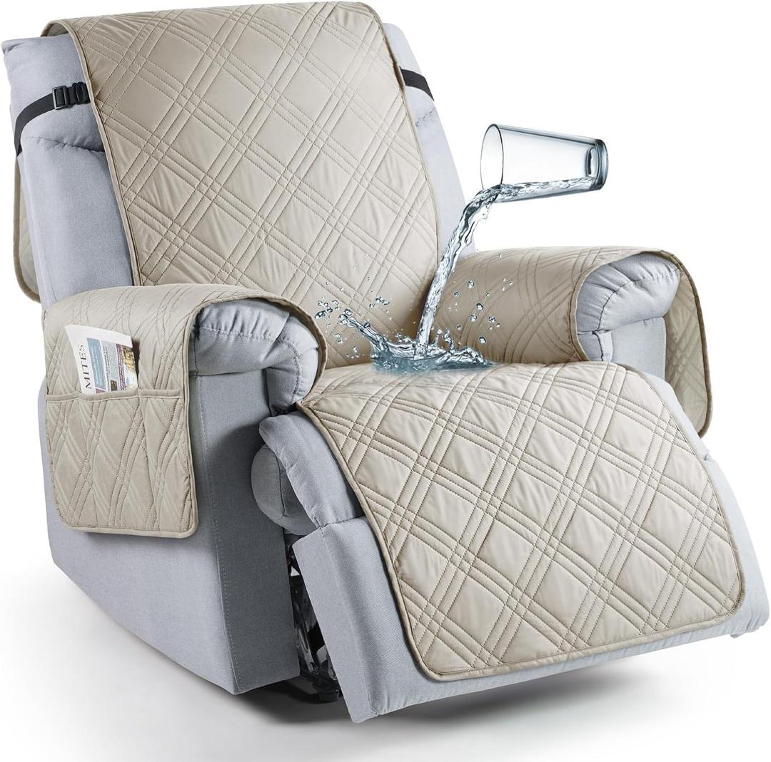 TAOCOCO Waterproof Recliner Chair Covers 30 Inch Wide, Oversized Recliner Covers for Recliner Chair with Pocket, Recliner Slipcovers with Straps Furniture Protector for Kids Pets (30'', Cream)