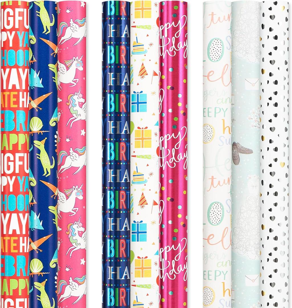 American Greetings Reversible Birthday, Baby, Wedding, and All Occasion Wrapping Paper, Unicorns and Dinosaurs (9 Rolls, 225 sq. ft.)