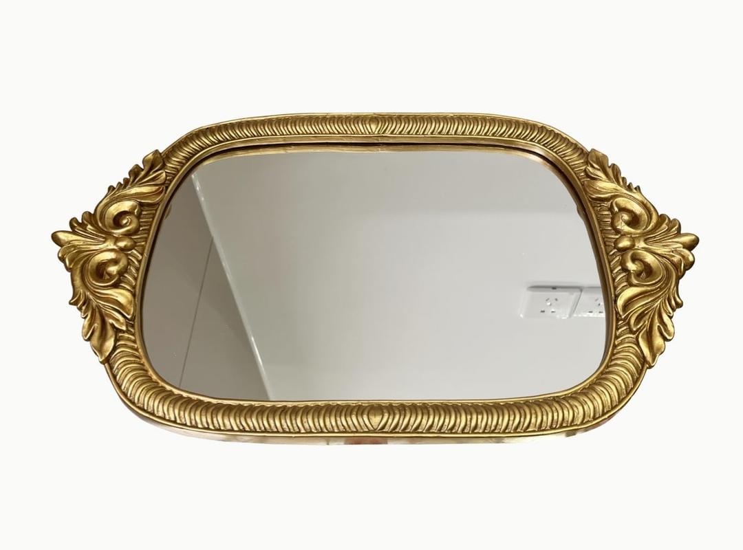 Large Gold Oval Mirror Tray, 18.75" x 11.5",Handmade Resin Frame,Vintage Tray Decorative Jewelry, Mirror Trays for Vanity Elegant Gold Home Dcor with Handle.