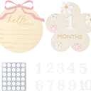 Wooden Baby Announcement Sign & Baby Monthly Milestone Sign Set, Birth Announcement & 1-12 Months Interchangeable Discs for Newborn Girls Photo Props (White Numbers)