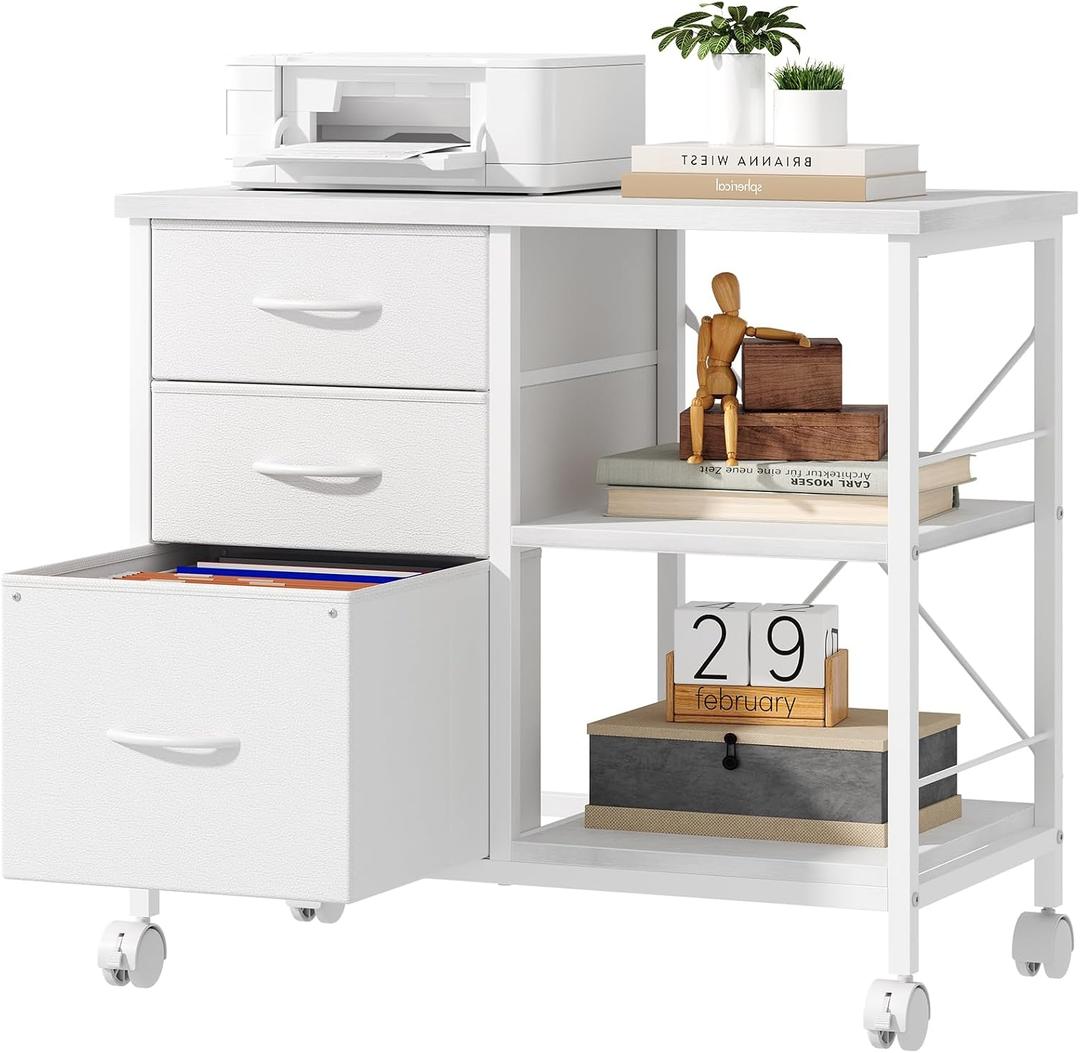 OLIXIS Mobile File Cabinet with 3 Drawers, Rolling Under Desk Storage | Fits Letter & A4 Hanging File Folders, Printer Stand with Shelves, Lockable Wheels Office Cabinet for Home Office, White