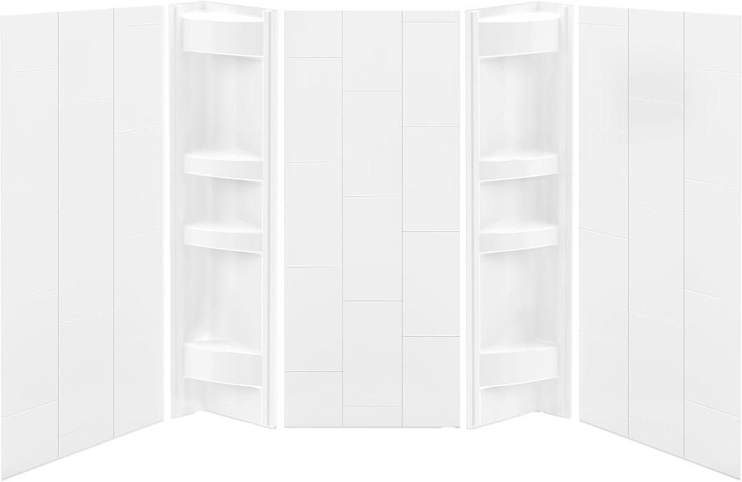 White Tub Wall Surround - Waterproof, Easy-to-Install, Two Shelf Units Kit Included Bathtub Wall Surround Panels - Vertical Pattern, Dynamic Shelves - Acrylic 58"