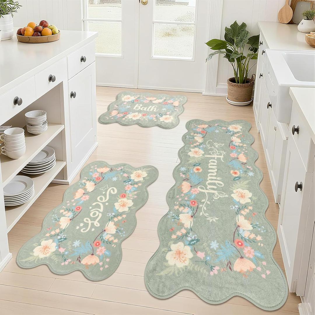 3 Pcs Flowers Kitchen Rug Set, Coquette Room Carpet Decor Bathroom Runner Rugs Soft Floral Bath Mat, Non Skid Romantic Rose Flower Area Rugs for Bath, Bedroom and Living Room