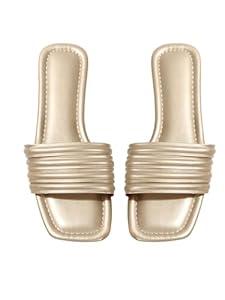 GORGLITTER Women's Metallic Flat Sandals Comfortable Open Toe Slide Sandals Gold A 10  