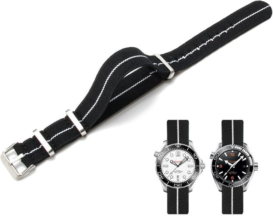 Nylon Elastic Watch Strap Military Parachute Style Watch Band 18mm 20mm 22mm Premium Striped Nylon One-Piece French Paratrooper Watchband Smartwatch Band Replacement Strap for Men Women (Black/White)