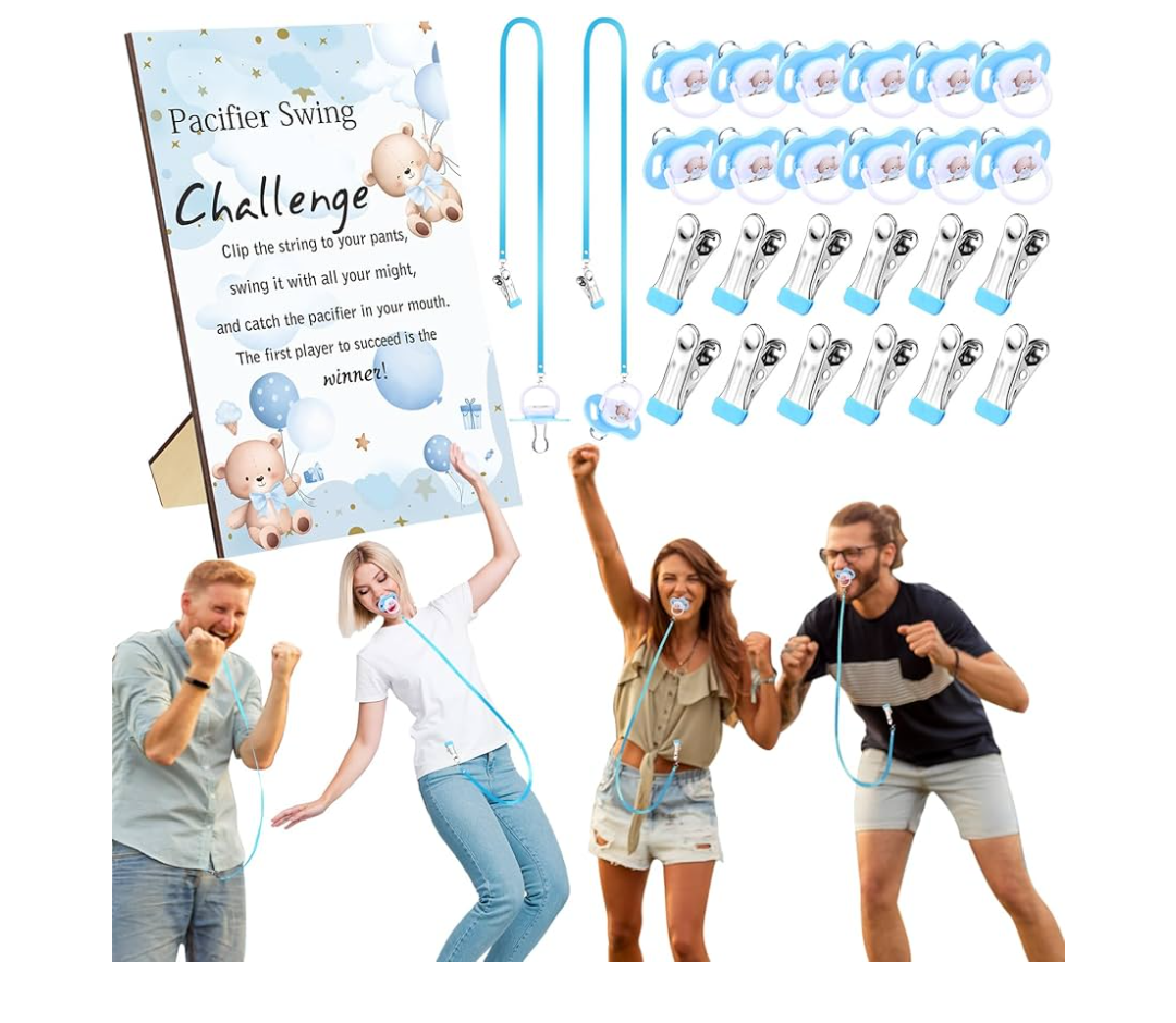 Geelin 12 Sets Swing Pacifier Baby Shower Games Funny Gender Reveal Games, Include 1 Wooden Sign and 12 Pacifiers for Bridal Shower Gender Reveal Party Favors Women Men(Bear,Blue)