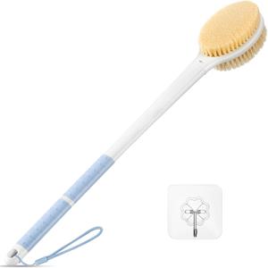 Back Scrubber Body Shower Brush: 20.5 Extra Long Anti Slip Handle Bath Brush with Stiff and Soft Bristles - Showering Exfoliator Wet or Dry Brushing for Women, Men, Elderly (Blue)