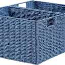 Vagusicc Wicker Storage Basket, Set of 2 Hand-Woven Paper Rope Wicker Basket, Small Storage Baskets for Organizing Toilet Paper Basket, Foldable Large Cube Storage Organizer Bins for Shelves (Blue)