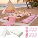 71x87'' Huge Teepee Tent with 91x71'' Extra Large Outdoor Boho Picnic Blanket Table Runner 6 Napkins Woven Cotton Yarn Oversized Beach Blanket Camp Wedding(Pink, White)