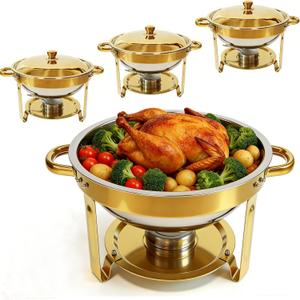 Gold Chafing Dish Buffet Set, 4-Pack 6QT 304 Stainless Steel Round Food Warmers with Lids, Water Pans & Fuel Holders for Catering, Wedding Receptions & Parties