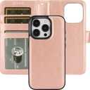 Bocasal Detachable Wallet Case for iPhone 15 Pro RFID Blocking Card Slots Holder Premium PU Leather Magnetic Kickstand Shockproof Wrist Strap Removable Flip Protective Cover 5G 6.1 inch (Rose Gold)