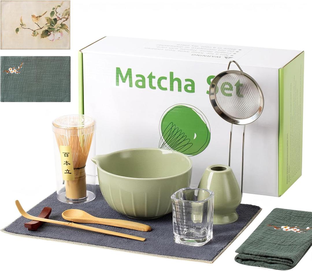 Matcha Whisk Set,10pcs Green Matcha Set for Ceremony,Matcha Whiskey and Rack,Ceramic Bowl,Spoon,Rack,Tea Sieve,Measuring Cup,Tea Scoop,Tea Towels and Mat,Tea Making Tools Gift for Matcha Lovers