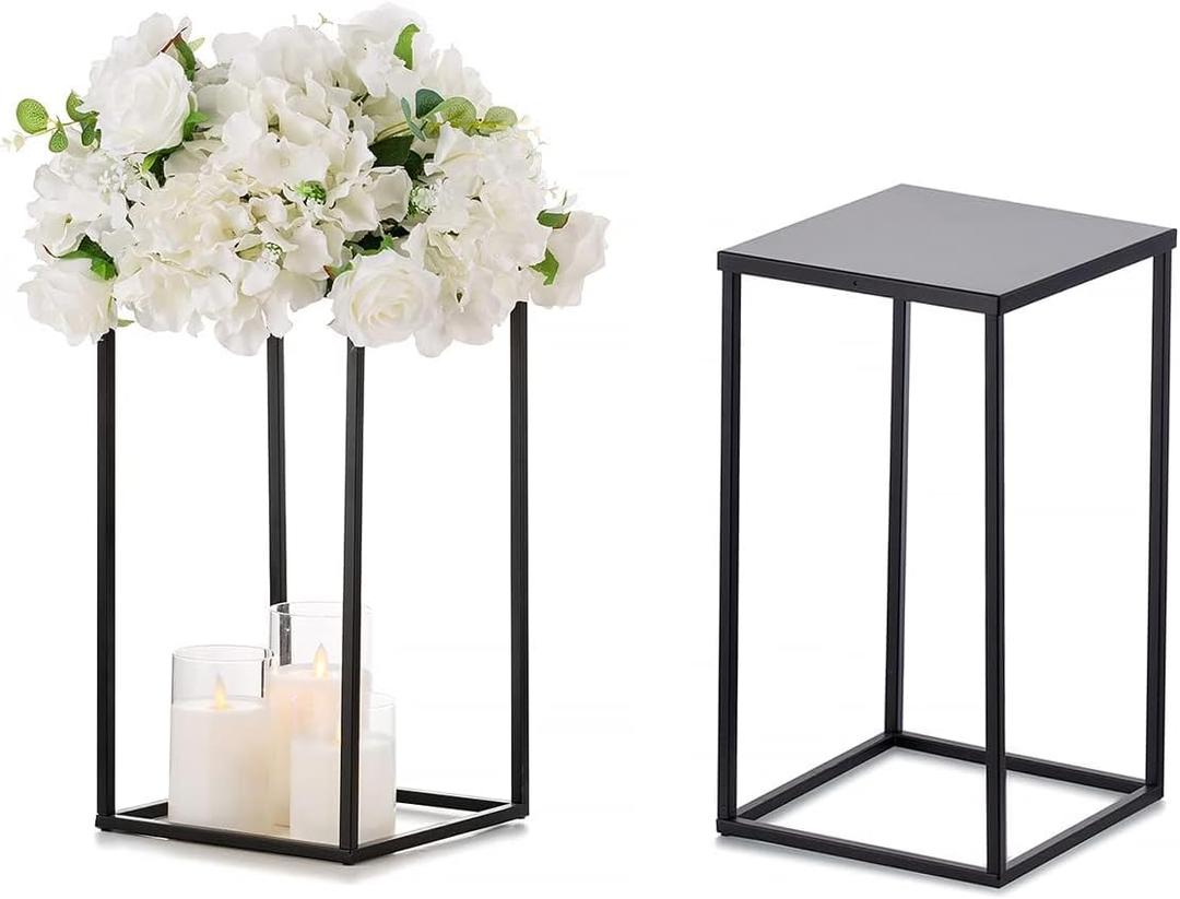 Sziqiqi Wedding Centerpieces Vase for Tables with Plates - 2 Pcs Metal Column Geometric Flower Stand 15.7in Black Flower Display Rack Decorations for T-Stage Reception Party Fiesta Event Home