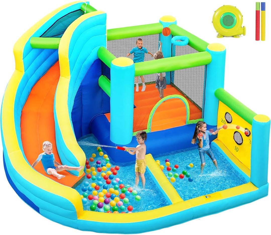FBSPORT Inflatable Bounce House, Water Slide Park Slide Bouncer with Ball Shooting, Climbing Wall, Jumping and Splash Pool, Kids Bouncy Castle with 450W Air Blower for Outdoor Backyard