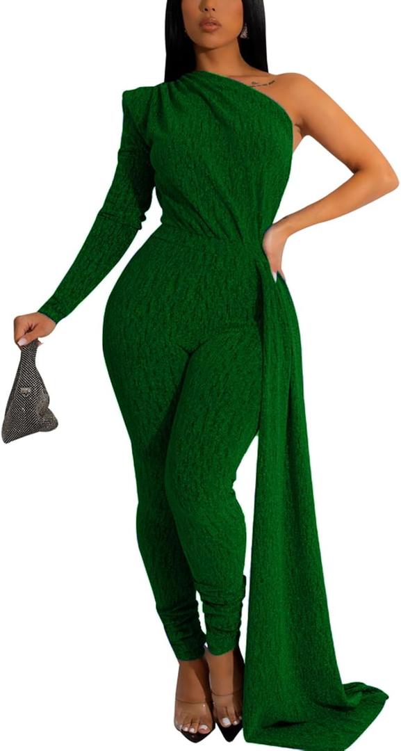 Women's Sexy Sparkly One Shoulder Long Sleeve Bodycon Jumpsuits Stretchy Long Pants Clubwear Party Rompers With Belt Rope (Medium,  Green)