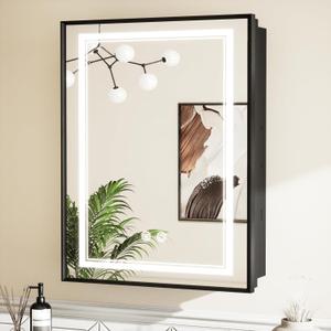 TETOTE 24 x 30 Black Led Lighted Medicine Cabinet Mirror with 3-Color Lights, Wall Mount or Recessed Cabinet Mirror for Bathroom with Storage, Tempered Glass, 2 Outlets, Anti-Fog, Adjustable Shelf