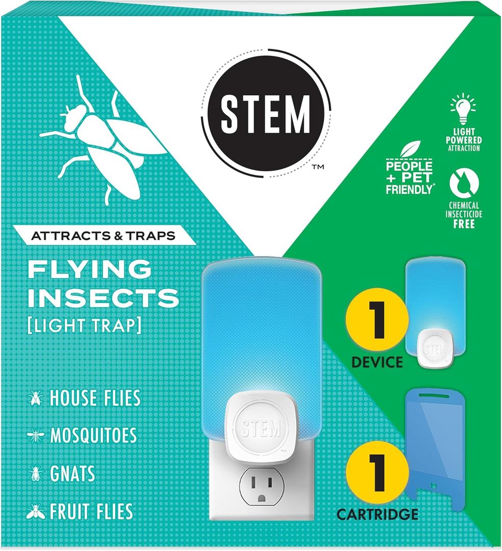 STEM Flying Insect Trap - Indoor Fruit Fly & Gnat Catcher for Home, Kitchen & Any Room, Attracts & Traps Bugs, Soft Blue UV Light - Includes 1 Plug-In Device & 1 Cartridge