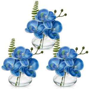 Oairse Blue Orchids Artificial Flowers Faux Orchids Arrangement in Clear Glass Vases Set of 3 Real Touch Phalaenopsis Orchid Flowers Small Fake Orchid Centerpiece for Dining Room Table