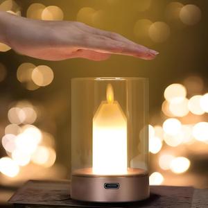 Candle Cordless Lamp,Gesture Sensor Control Night Light Lamp with Glass Flameless Candle Dimmable Outdoor Table Candle Lantern, Rechargeable Warm Decorative Light Lamp for Bedroom Restaurant Cafe