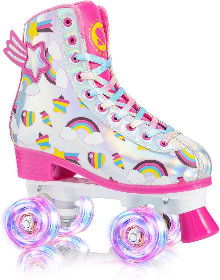 SULIFEEL Rainbow Unicorn Roller Skates for Girls Light up Wheels Kids Quad Skates with High Top Reflective TPU Leather Rainbow Unicorn (1.5)