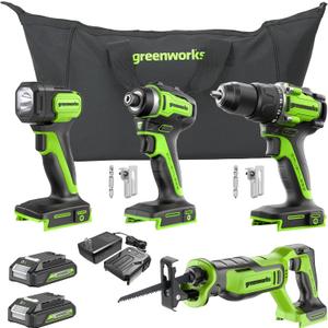 Greenworks 24V 4pcs Brushless Power Tool Combo Kit, 530 in-lbs 1/2" Drill Driver, 1950 in-lbs 1/4" Impact Driver, 3000 SPM Reciprocating Saw, 200 lumens Flashlight, 2 * 2Ah Battery and Fast Charger