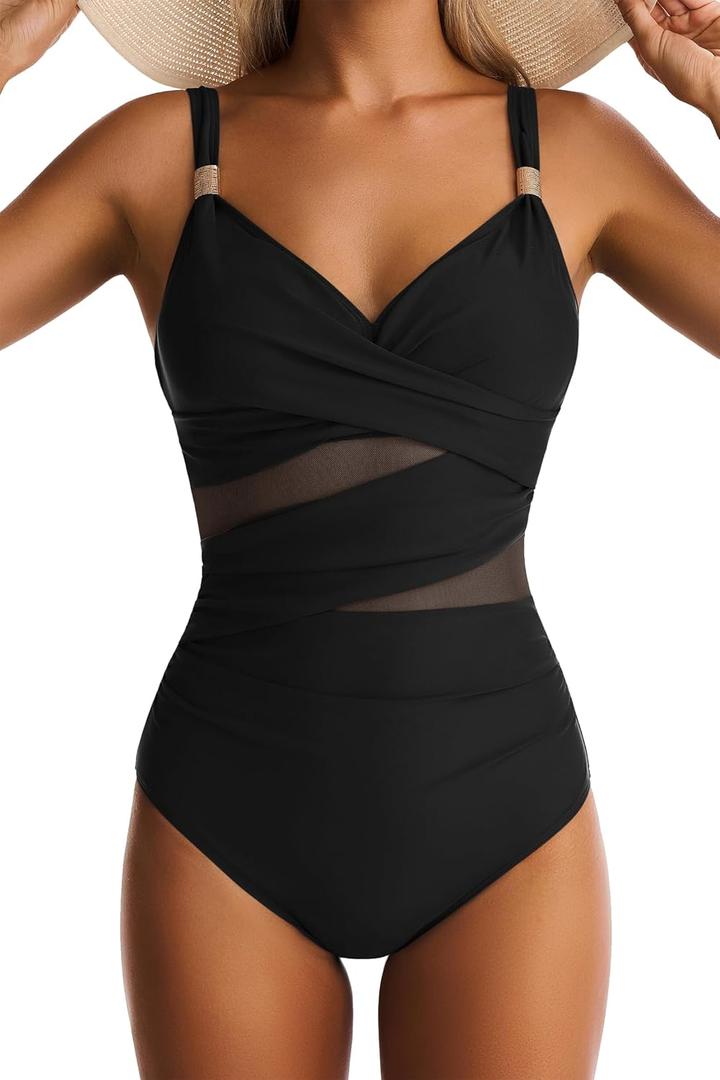 Women Mesh One Piece Swimsuit Tummy Control Sexy Bathing Suits V Neck Push Up Swimsuits Slimming Swimwear (Black, L)