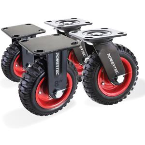 POWERTEC 8 Inch Caster Wheels Set of 4 (2 Swivel & 2 Fixed), Heavy Duty Casters w/Rubber Knobby Tread for Workbench, Dolly, Cart, Trolley, Wagon, Toolbox, Chicken Coop, Large Castor Wheels (17055V)
