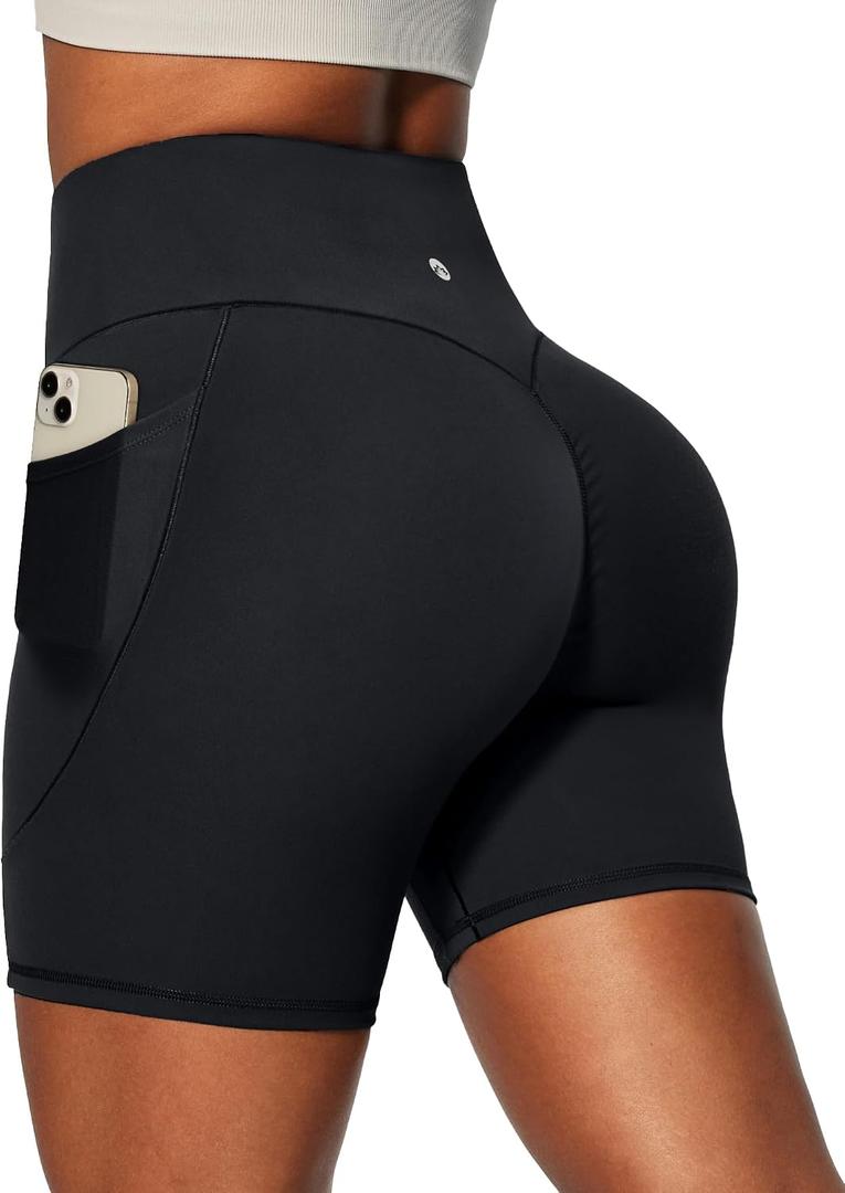 Heathyoga Biker Shorts Women Tummy Control 6" Butt Lifting Workout Shorts with Pockets Compression Yoga Shorts Spandex Gym Black X-Large