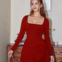 YMDUCH Women's Sexy Square Neck Long Sleeve Mini Party Dress Red (Red, M)