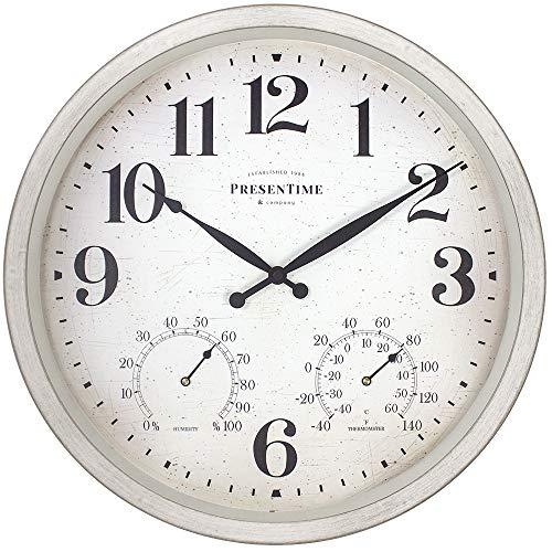 Presentime & Co 16" Farmhouse Series in/Outdoor Clock with Thermometer & Hygrometer, Weathered White Color. Weather Thermometer, Weather Station, Farmhouse Décor, Outdoor Décor, Wall Décor
